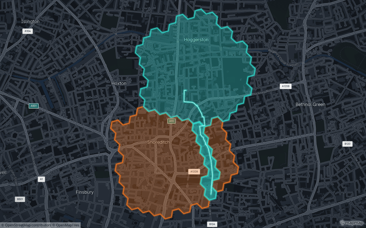 Orange and blue territory contesting the same streets over Shoreditch