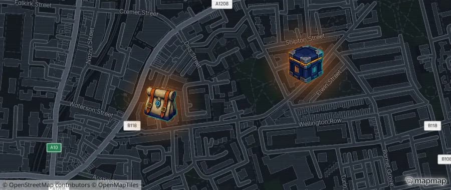 A dark map with two glowing supply crates pinned to real streets