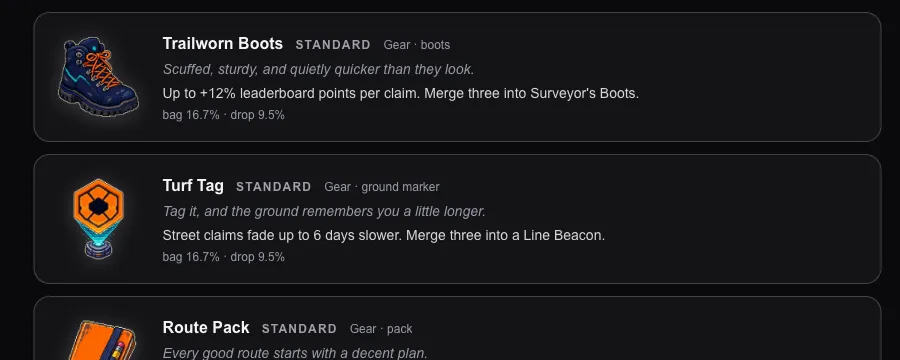 STANDARD power-ups including Trailworn Boots, a Turf Tag and a Route Pack, all of which can be gifted