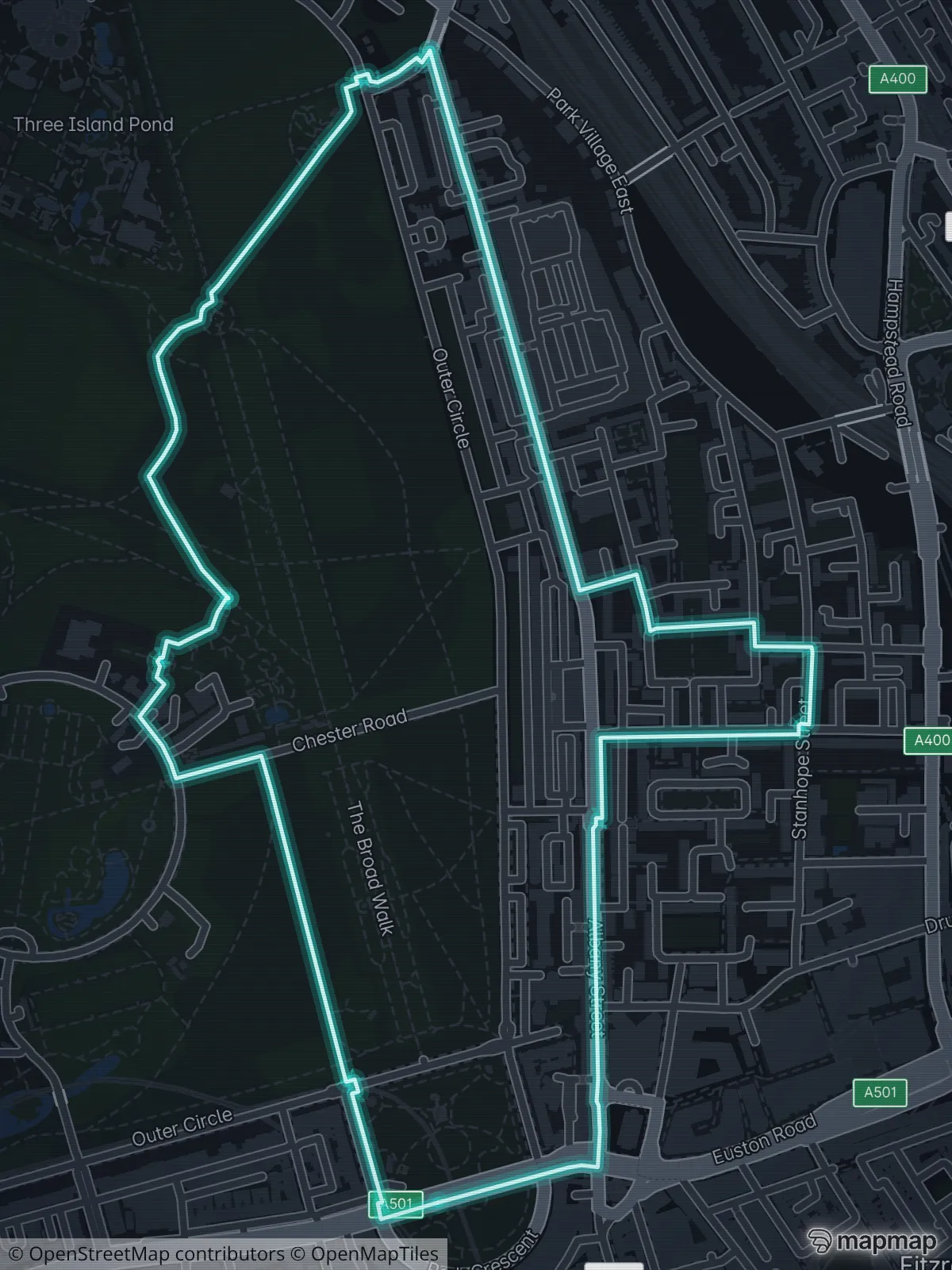 A Ghost Route plan drawn as a glowing line around Regent's Park, routed street by street on the dark map