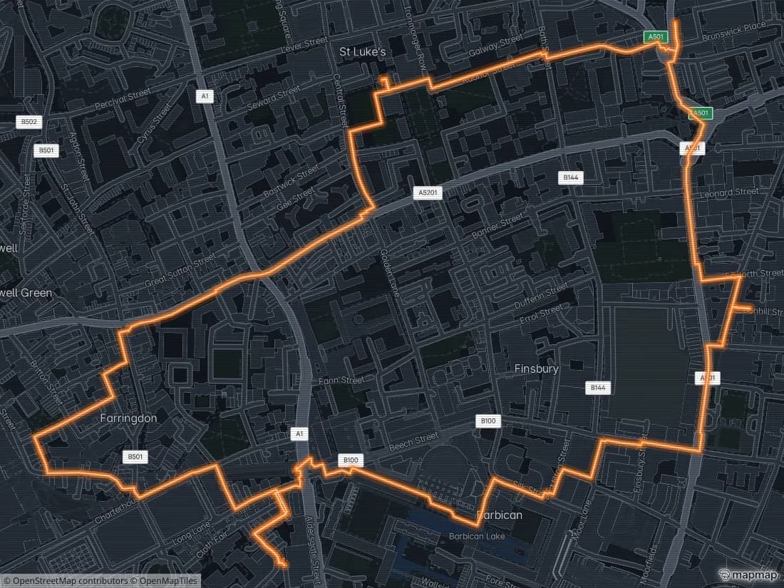 A recorded route drawn as a solid orange line snapped to the real street network on the Capture The Map map