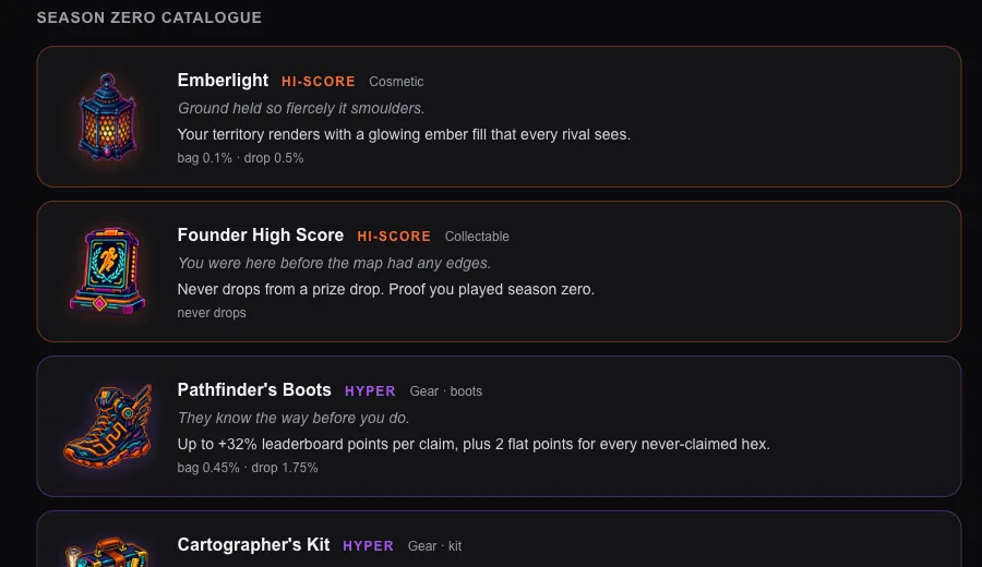 Power-up cards showing Emberlight, the Founder High Score and Pathfinder's Boots, each with its rarity, flavour line and effect