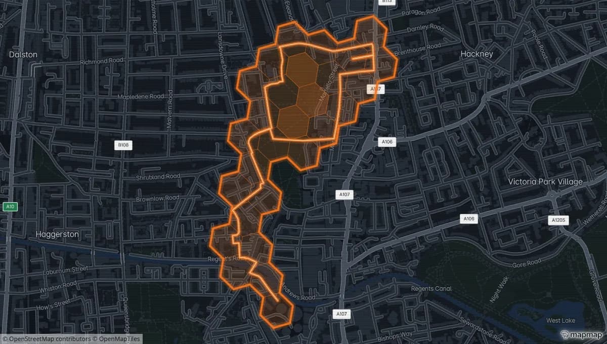 Map view of orange hexagonal cells claimed along a walked route, with the closed loop filled in and the unclaimed street network around them